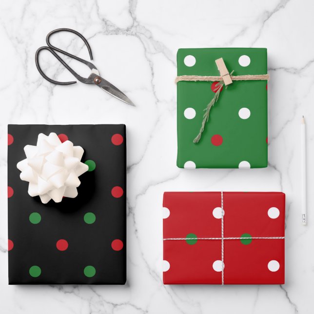 Feuille De Papier Cadeau Noël rouge blanc noir pois motif (Recto)