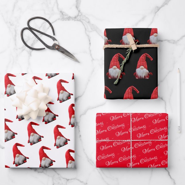 Feuille De Papier Cadeau Noël rouge | Gnome | Noël (Recto)
