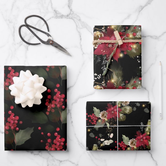 Feuille De Papier Cadeau Noël Rouge Poinsettia Eucalyptus Holly Berry (Recto)