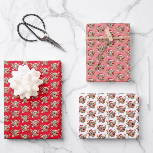 Feuille De Papier Cadeau Noël Rouge rose blanc Reindeer (Recto)