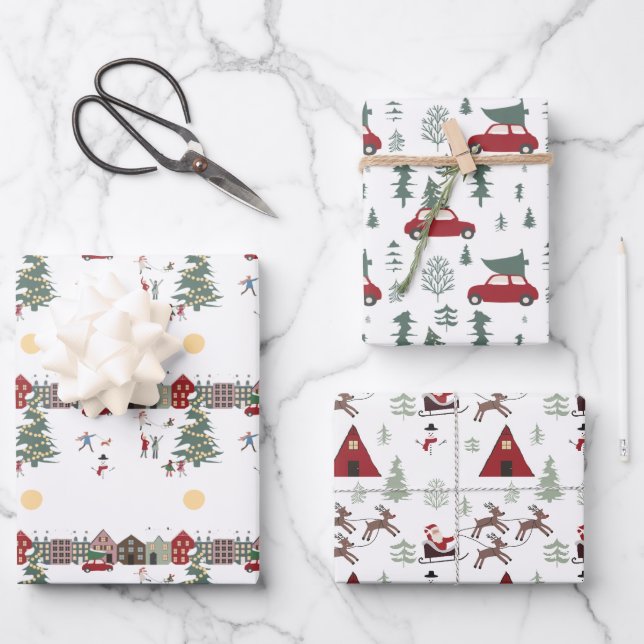 Feuille De Papier Cadeau Noël rouge vert et blanc (Recto)