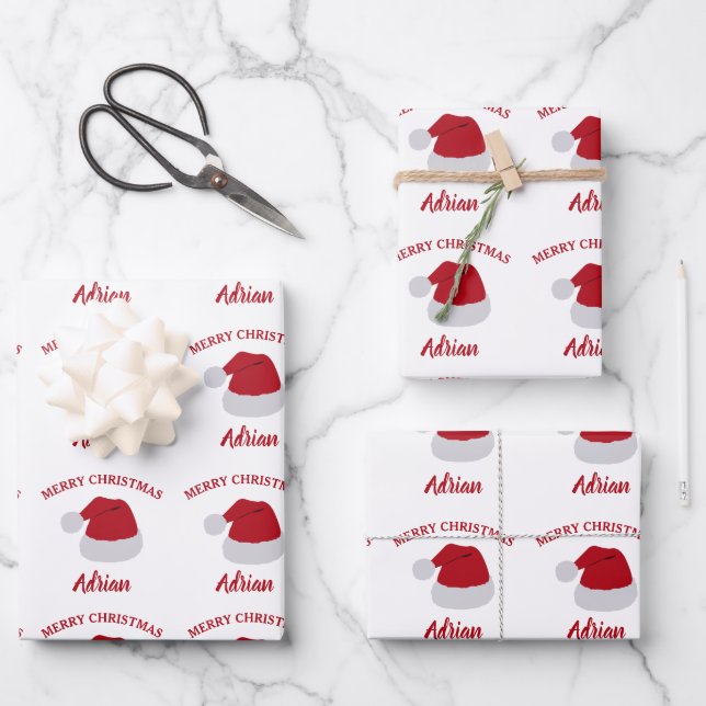 Feuille De Papier Cadeau Noël Santa Hat & Nom personnalisé Motif (Recto)
