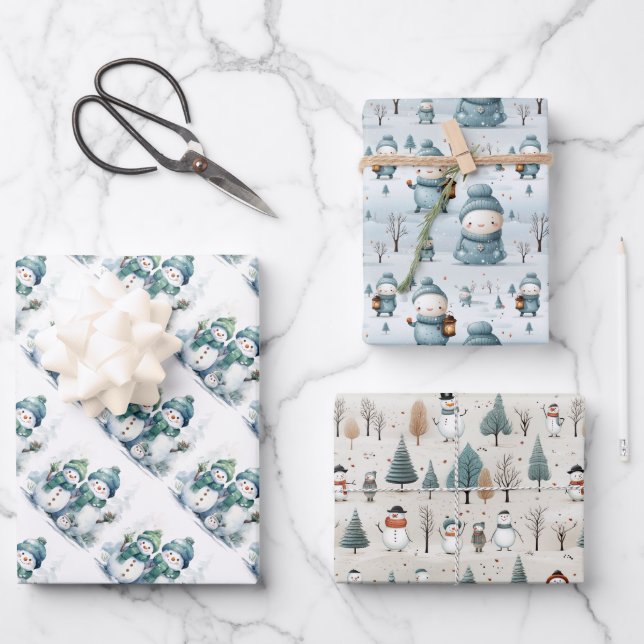 Feuille De Papier Cadeau Noël Snowmen (Recto)