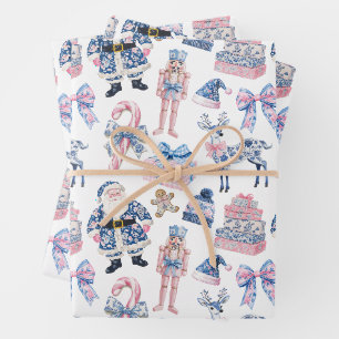 Feuille De Papier Cadeau Noël Toile bleu et rose