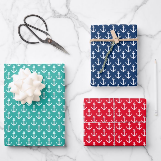 Feuille De Papier Cadeau Noël tropical en juillet motif d'ancre nautique (Recto)