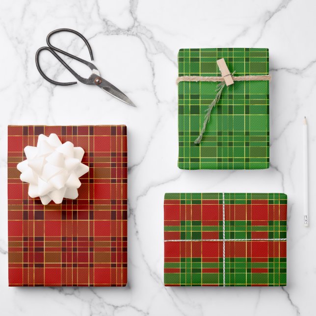 Feuille De Papier Cadeau Noël Vacances Rouge, Vert et Or (Recto)