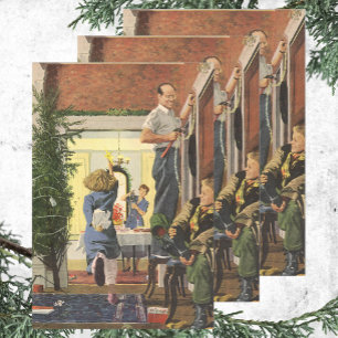 Feuille De Papier Cadeau Noël vintage, famille décorant la maison