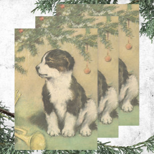 Feuille De Papier Cadeau Noël Vintage, Joli Chiot Sous Arbre De Noël