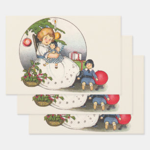 Feuille De Papier Cadeau Noël vintage, Joyeuse fille jouant avec des poupée