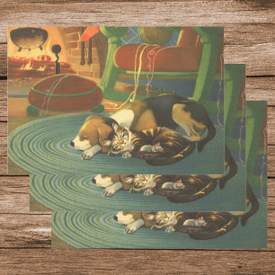 Feuille De Papier Cadeau Noël Vintage, Les animaux dormant par cheminée