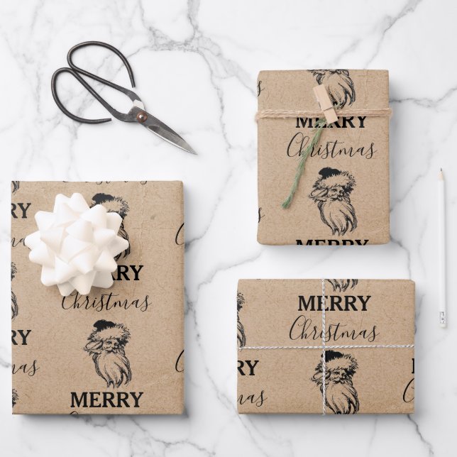 Feuille De Papier Cadeau Noël Vintage noir blanc Kraft Père Noël (Recto)