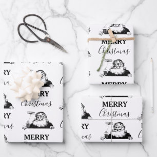 Feuille De Papier Cadeau Noël Vintage Noir Blanc Père Noël