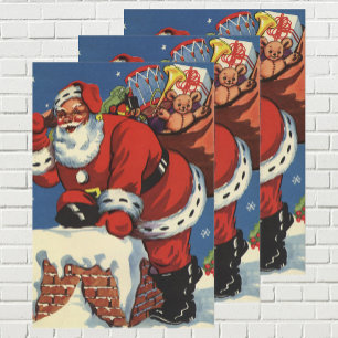 Feuille De Papier Cadeau Noël vintage, Père Noël descendant la cheminée ave
