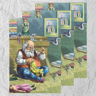Feuille De Papier Cadeau Noël Vintage, Père Noël Fabriquant Des Poupées De 
