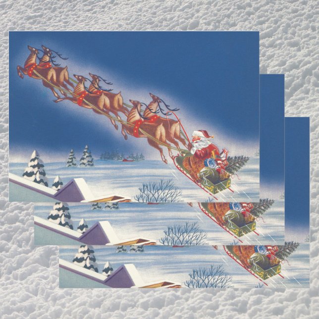 Feuille De Papier Cadeau Noël Vintage, Père Noël Flying Sleigh w Reindeer (Créateur téléchargé)
