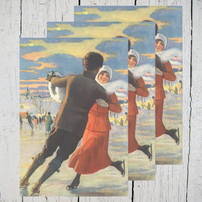 Feuille De Papier Cadeau Noël Vintage, Romantique Couple Patinage sur glace (Créateur téléchargé)