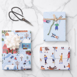 Feuille De Papier Cadeau Noël Whimsical hiver Neige Angels Patinage sur gla