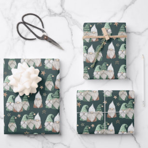 Feuille De Papier Cadeau Noëls Gnomes Vert Or Scandinave Tendance 
