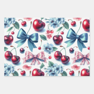 Feuille De Papier Cadeau Nœuds coquets, cerises, fleurs, rouge, rose, bleu