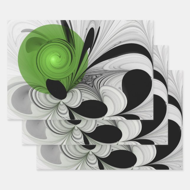 Feuille De Papier Cadeau Noir Abstrait et blanc avec art fractal vert (Lot)