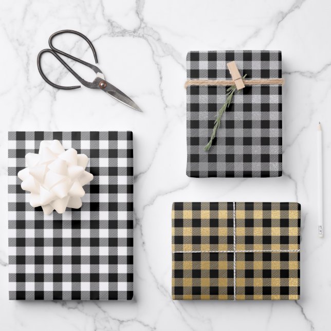 Feuille De Papier Cadeau Noir blanc argenté or Plaid (Recto)