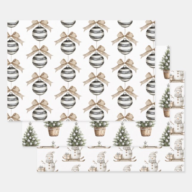 Feuille De Papier Cadeau Noir blanc rayures ornement Bow Noël (Lot)