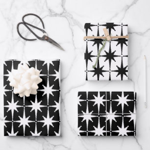 Feuille De Papier Cadeau Noir & Blanc Starburts modernes du Midsiècle moder