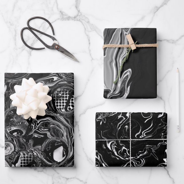 Feuille De Papier Cadeau Noir et blanc Fluid Art moderne Abstrait (Recto)