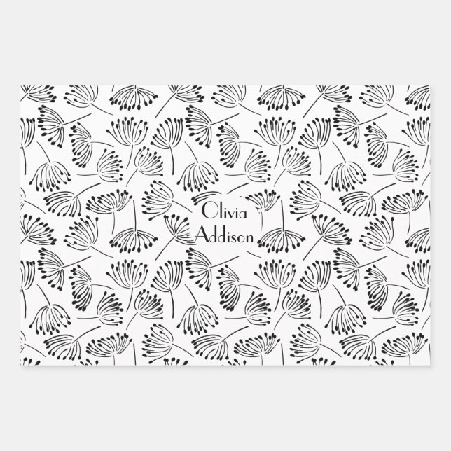 Feuille De Papier Cadeau Noir et blanc Nom moderne Floral Dandelion (Devant)