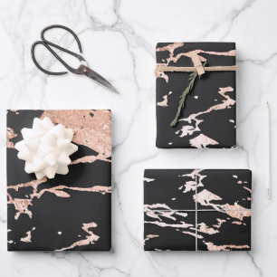 Feuille De Papier Cadeau Noir et or rose aspect marbre