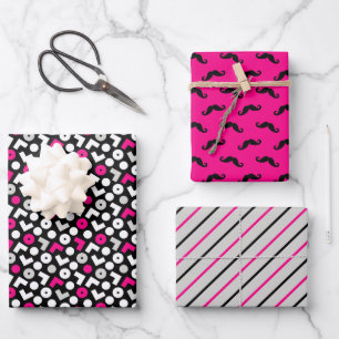 Feuille De Papier Cadeau Noir Rose Géométrie Moustache Rayures