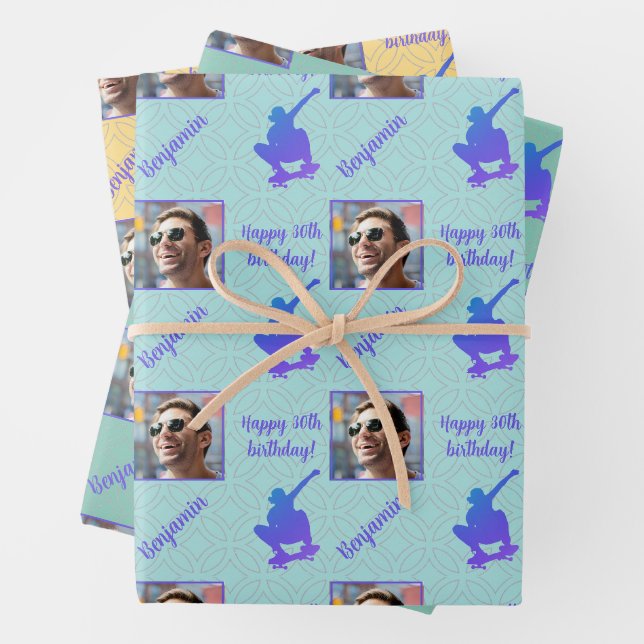 Feuille De Papier Cadeau Nom Age Photo Skateboard Skateboarder Anniversaire (En situation)