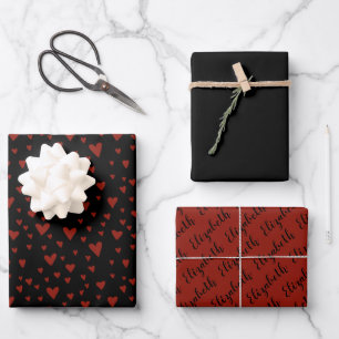 Feuille De Papier Cadeau Nom Black Red Hearts Motif   Personnalisez