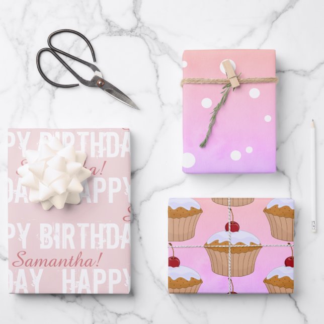 Feuille De Papier Cadeau Nom Customisé Joyeux Anniversaire Cupcake/Pois (Recto)