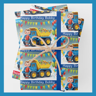Feuille De Papier Cadeau NOM du jeune garçon Ballons de Camion d'Anniversai