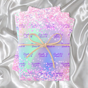 Feuille De Papier Cadeau Nom holographique rose violet confetti Sweet 16