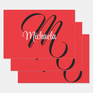 Feuille De Papier Cadeau Nom initial minimaliste moderne monogramme rouge