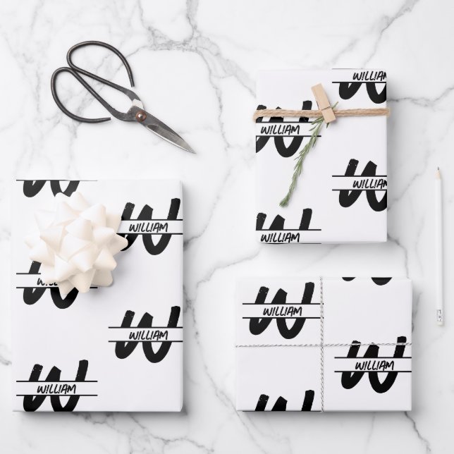 Feuille De Papier Cadeau Nom Monogrammé noir et blanc écrit à la main (Recto)