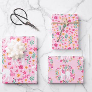 Feuille De Papier Cadeau Nom personnalisé du Motif de la licorne rose mou