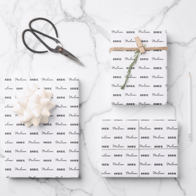 Feuille De Papier Cadeau Nom personnalisé Élégante future mariée blanche (Recto)