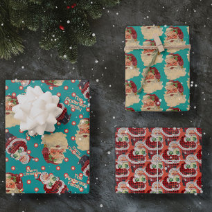 Feuille De Papier Cadeau Nom personnalisé Retro Santa Claus Christmas Trio 