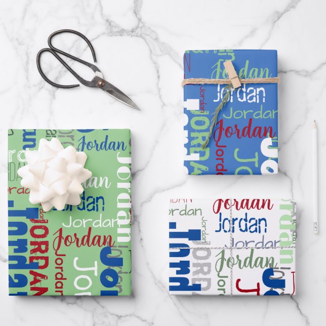 Feuille De Papier Cadeau Nom répété Bleu Vert Rouge Noël (Recto)