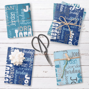 Feuille De Papier Cadeau Nom répété Couleurs de bleu personnalisées