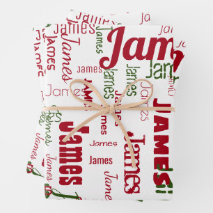 Feuille De Papier Cadeau Nom répété Personnalisé Blanc Rouge Vert