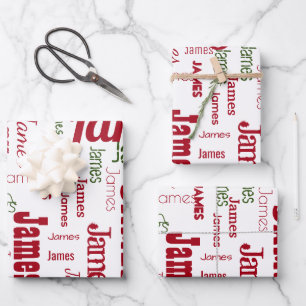 Feuille De Papier Cadeau Nom Répété Personnalisé Blanc Rouge Vert