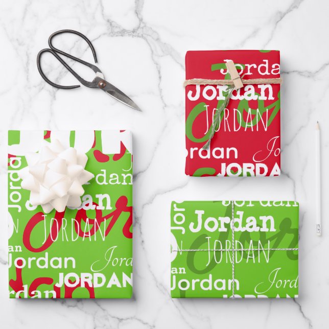 Feuille De Papier Cadeau Nom répété Red Green White Noël (Recto)