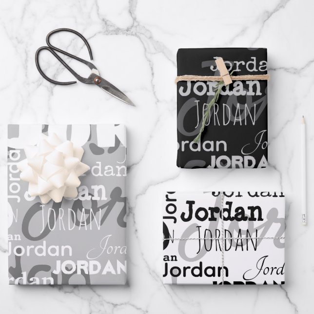 Feuille De Papier Cadeau Nom répétitif Black Grey Blanc Moderne Neutre (Recto)
