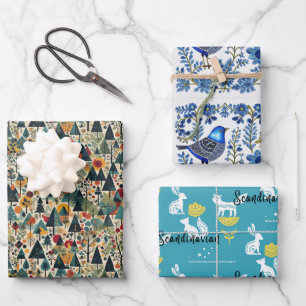 Feuille De Papier Cadeau Norvège, Scandi, arbres, oiseaux, animaux