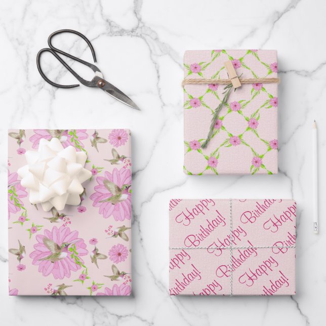 Feuille De Papier Cadeau Nostalgique rose et vert floral (Recto)