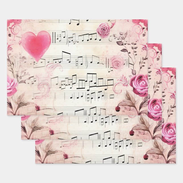 Feuille De Papier Cadeau Notes musicales et design Vintage Rose (Lot)